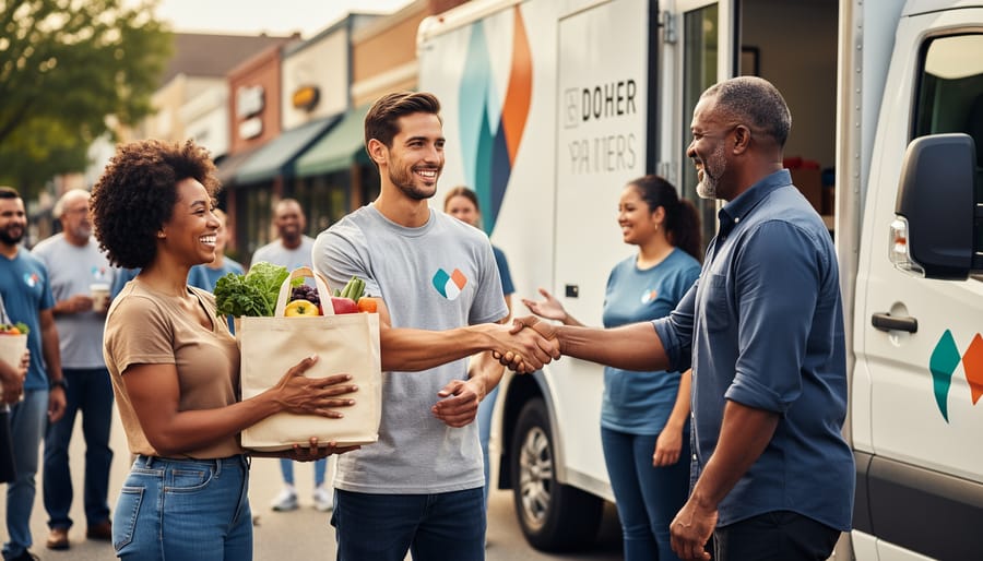 Volunteer handing fresh groceries to a smiling mother during a neighborhood outreach event, with other community members gathered near a mobile service van in the background.