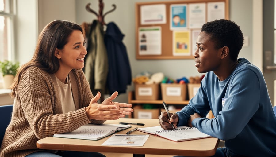 A volunteer and newcomer sit together in a community room during orientation, with open materials on the table and a supportive, attentive gesture.