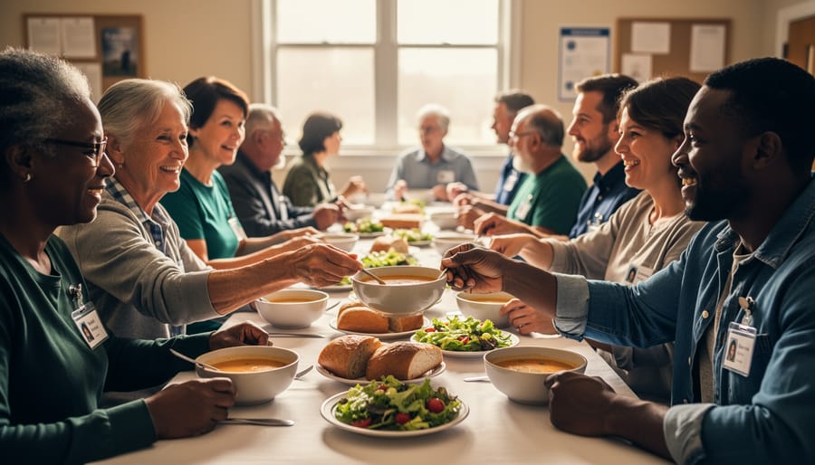 Volunteer placing a warm meal bowl and utensils on a dining table in a community service setting