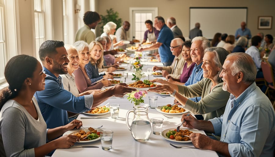 Volunteers and guests at a community outreach meal served in a welcoming setting