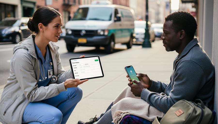A nurse practitioner checks a tablet during street outreach while a person receiving care holds a smartphone, suggesting smartphone healthcare support for people experiencing homelessness.