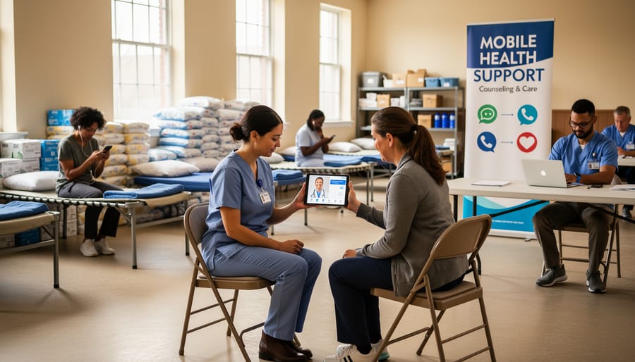 People seated in a shelter area using a tablet and smartphone for private video counseling with no visible screen text.