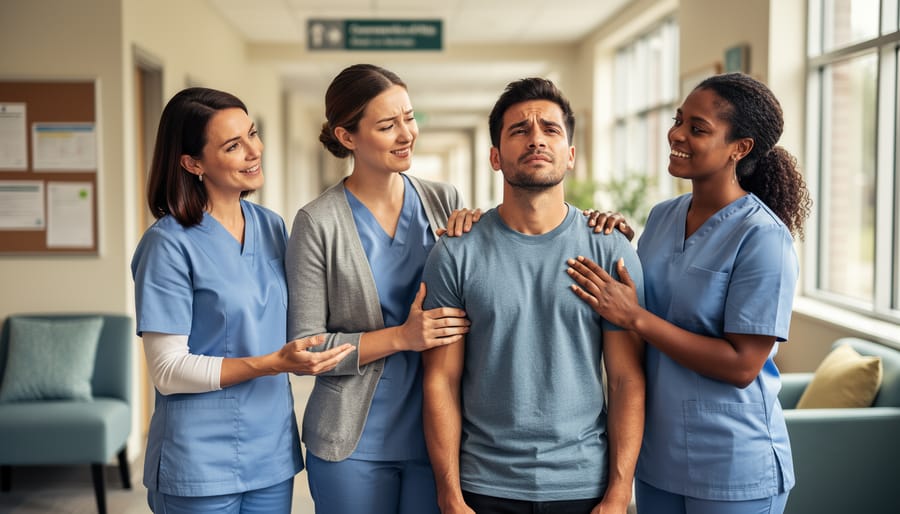 A supportive integrated care team stands with a person in need in a community setting, suggesting coordinated help for housing, mental health, and job support.