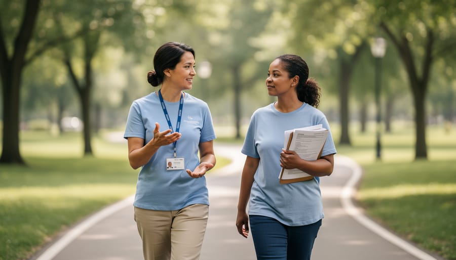 Navigator walking alongside a client outdoors on a community pathway