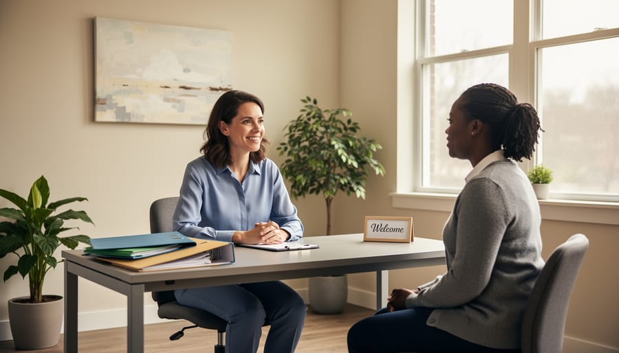 Caseworker and individual seated facing each other in a welcoming intake room