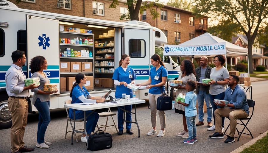 Medical supplies and a portable kit laid out on a table beside an open mobile clinic van.