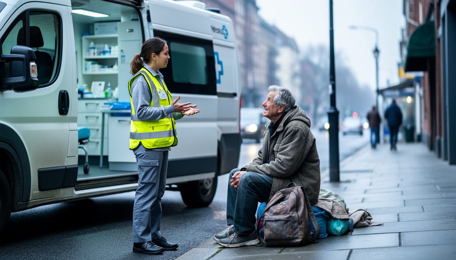 A mobile health outreach worker speaks with a person experiencing homelessness near a medical van and shelter entrance, illustrating healthcare support delivered on the streets.