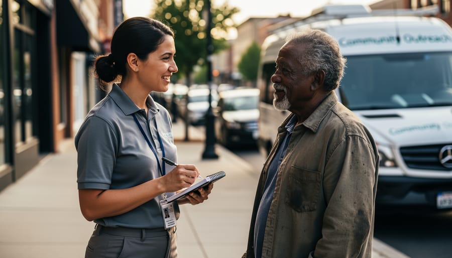 A healthcare outreach worker speaks respectfully with an adult experiencing homelessness near a sidewalk at dusk.